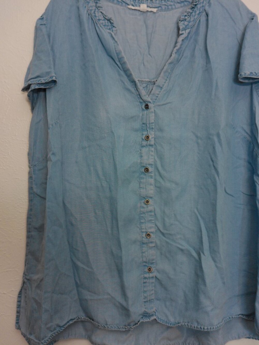 Light Wash Chambray Cap Sleeve Top Ruffle Neck Blouse 2X